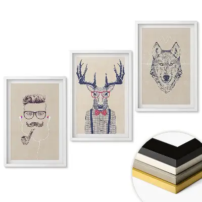 Set de 3 tablouri pentru living cu ilustrații de animale și oameni stilați