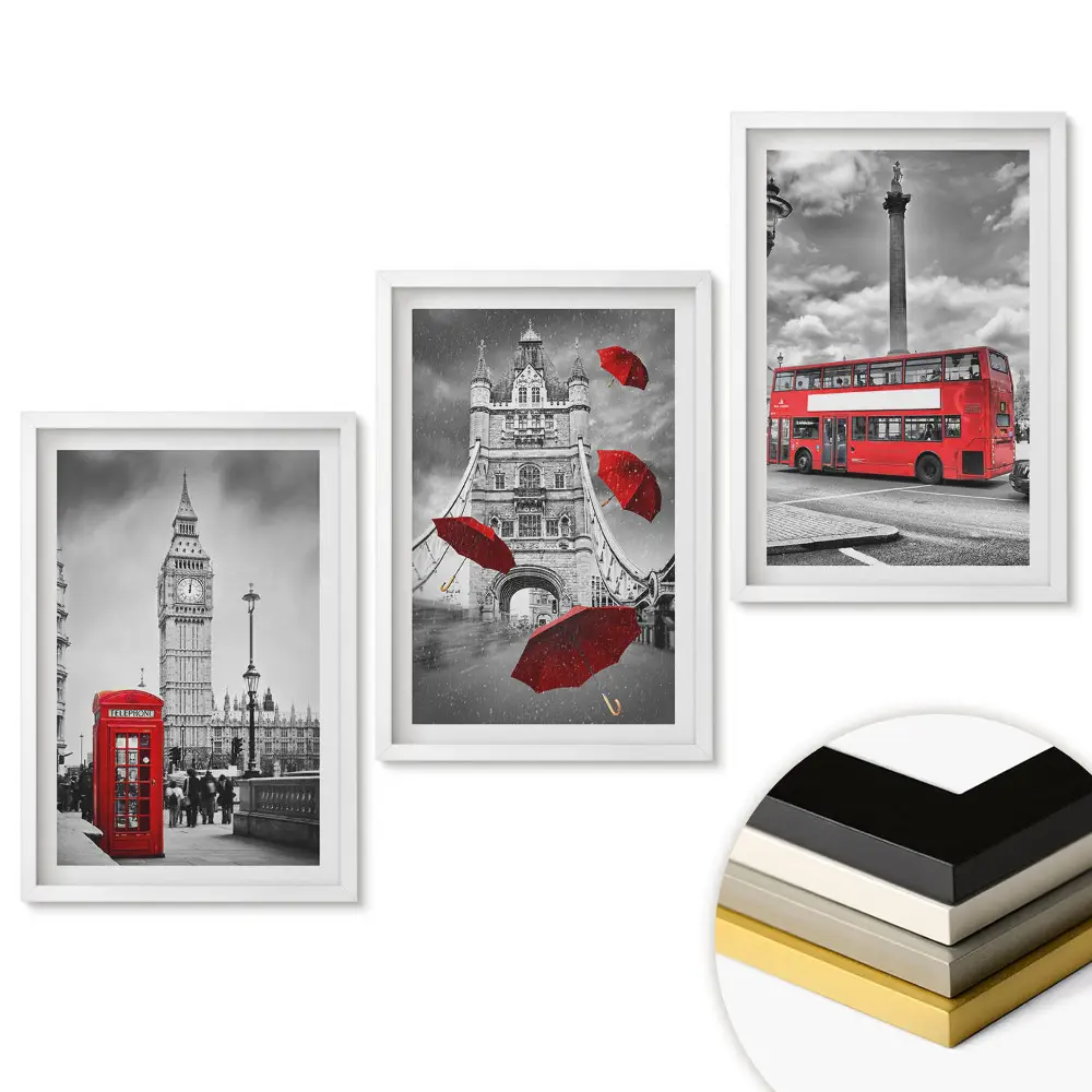 Set tablouri pentru living cu simboluri londoneze în stil monocromatic
