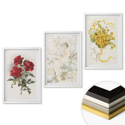 Set de 3 tablouri pentru living cu tematică florală și artă elegantă