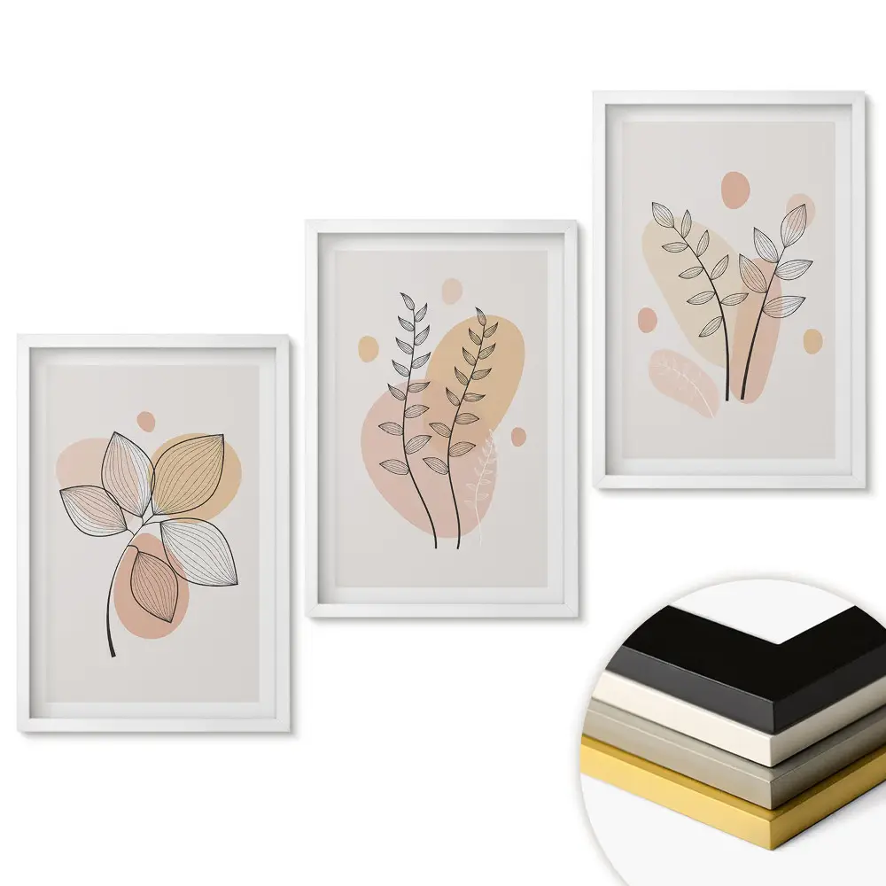 Set de tablouri pentru living cu grafică elegantă și motive vegetale