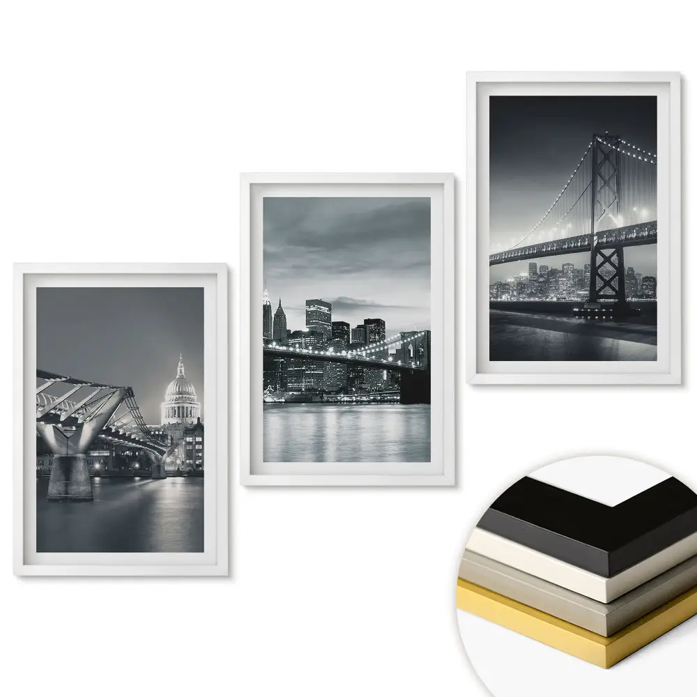 Set de 3 tablouri pentru living cu poduri în alb și negru