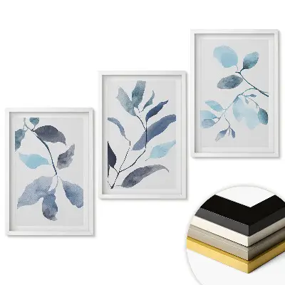 Set de tablouri pentru living cu model de frunze delicate în nuanțe de albastru