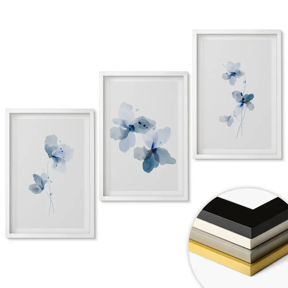 Set 3 tablouri pentru living cu motive florale în nuanțe de albastru