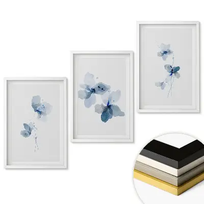 Set 3 tablouri pentru living cu motive florale în nuanțe de albastru