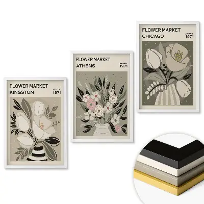 Set 3 tablouri pentru living cu piețe de flori din diferite orașe