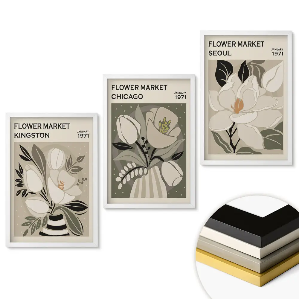 Set de 3 tablouri pentru living cu piețe de flori din diferite orașe