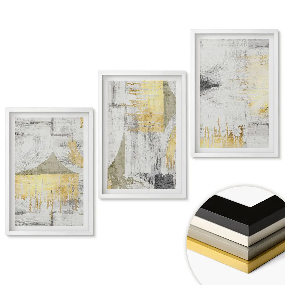 Set 3 tablouri pentru living cu compoziții abstracte în nuanțe de auriu