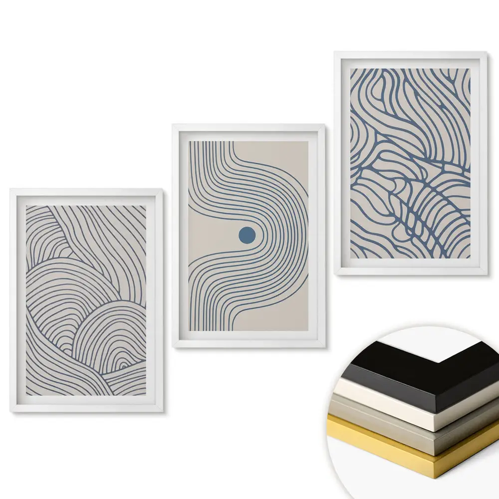 Set de tablouri pentru living cu linii abstracte în nuanțe de albastru