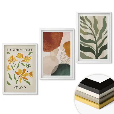 Set de 3 tablouri pentru living cu Piața de flori și modele abstracte