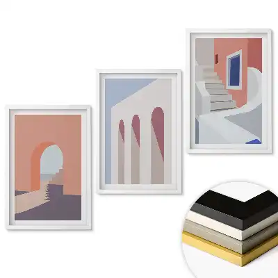 Set de tablouri pentru living cu compoziții arhitecturale abstracte colorate