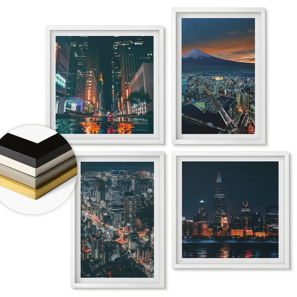 Set 4 tablouri înrămate cu peisaje nocturne urbane și montane