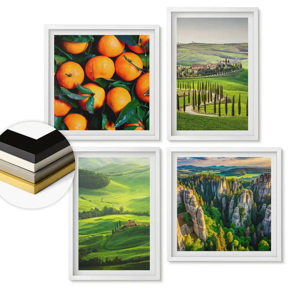 Set 4 tablouri înrămate cu peisaje toscane și fructe