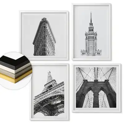 Set de 4 tablouri înrămate cu icoane arhitecturale alb-negru