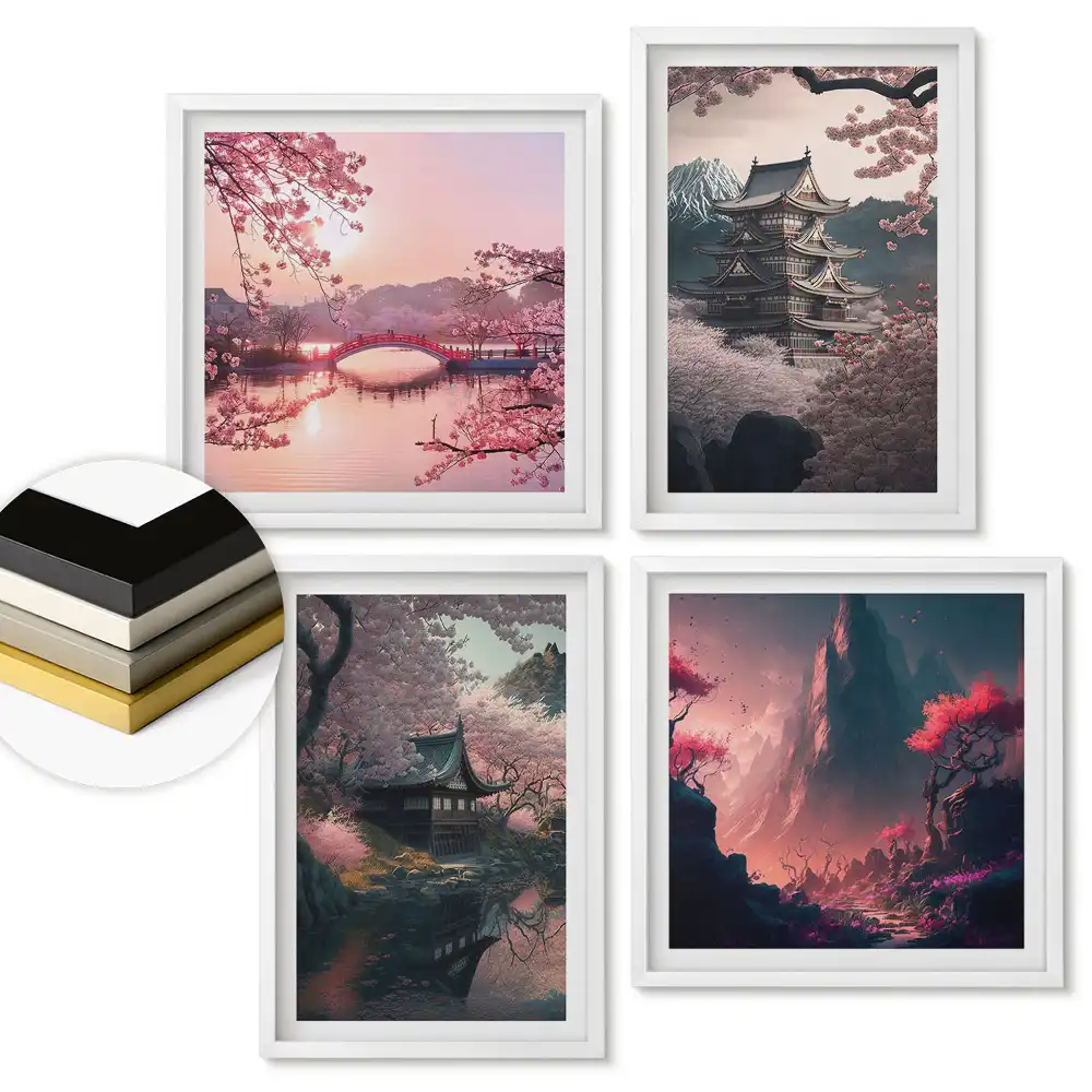 Set de tablouri înrămate cu peisaje japoneze în lumina primăverii