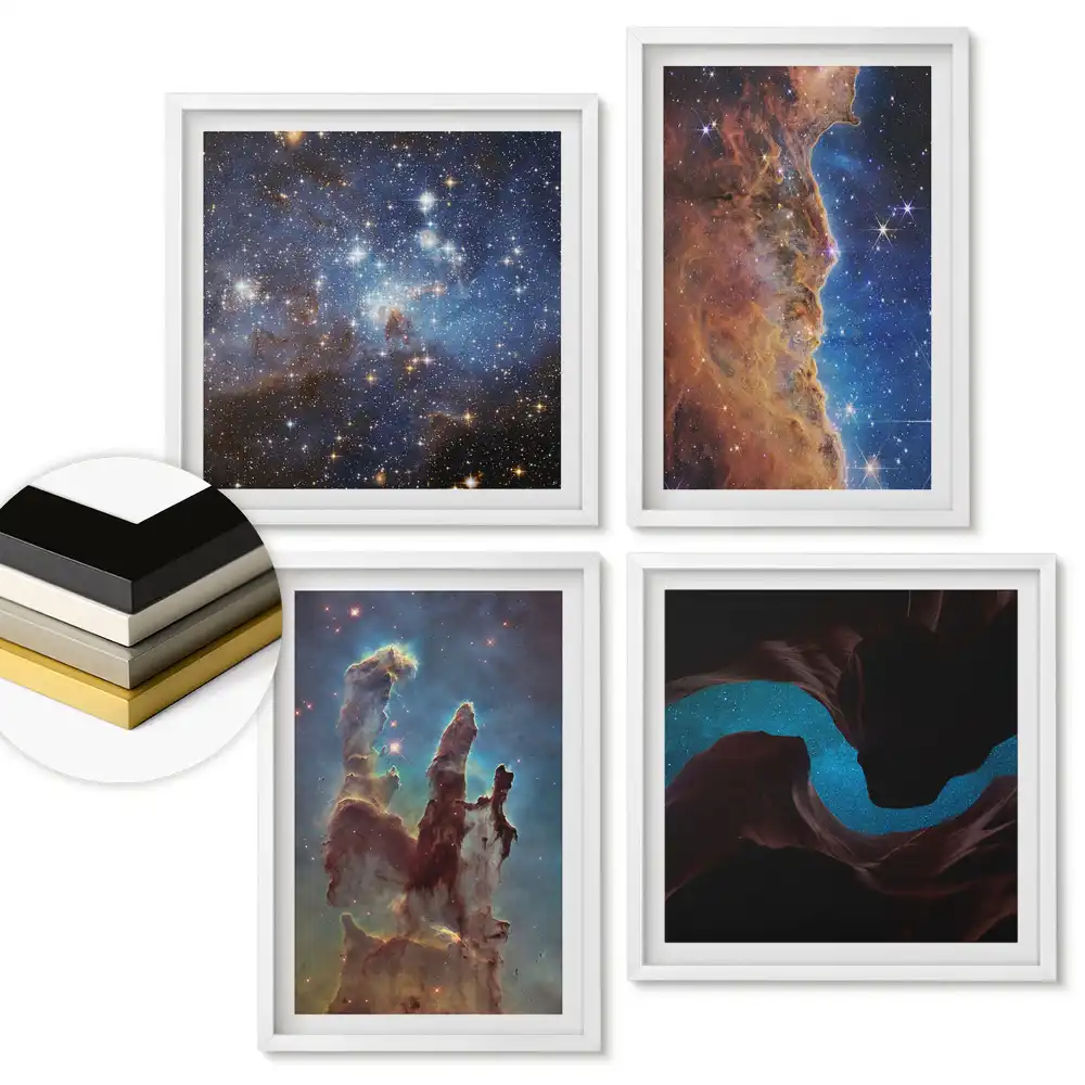 Set 4 tablouri înrămate Frumusețea Cosmică cu galaxii și nebuloase