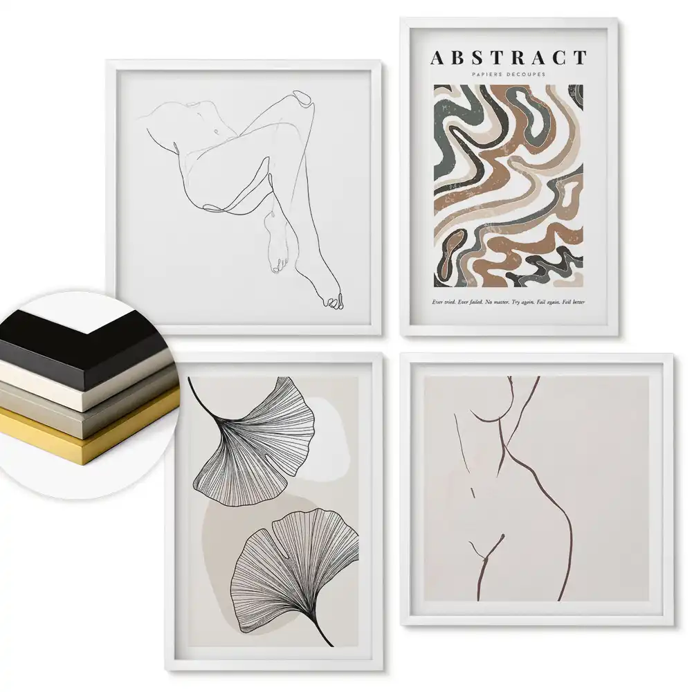 Set 4 tablouri înrămate cu forme abstracte și delicate