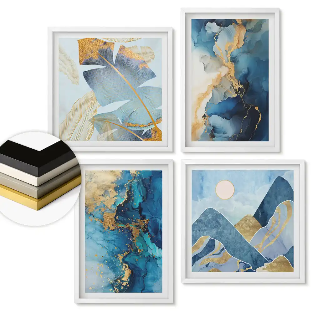 Set de tablouri înrămate cu peisaje abstracte în nuanțe de albastru