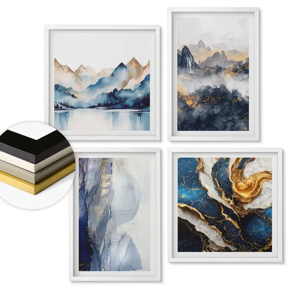 Set de 4 tablouri înrămate cu peisaje abstracte în nuanțe de albastru