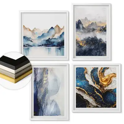 Set de 4 tablouri înrămate cu peisaje abstracte în nuanțe de albastru