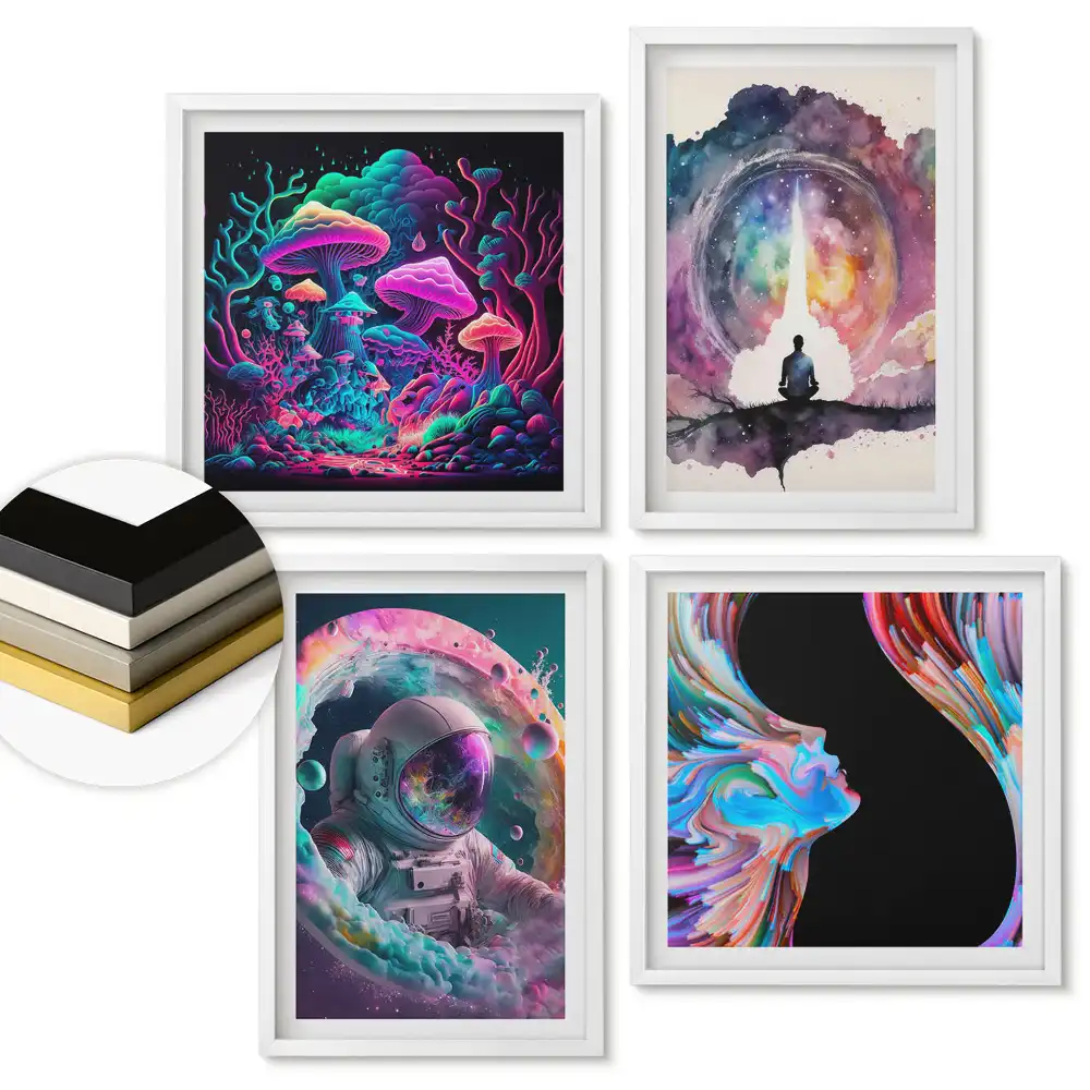 Set 4 tablouri înrămate Vise cosmice și viziuni colorate