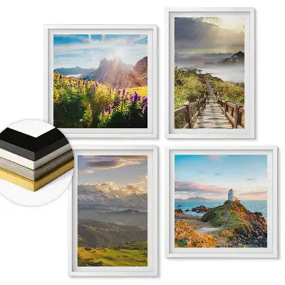 Set de tablouri înrămate cu peisaje pitorești reprezentând natură și munți