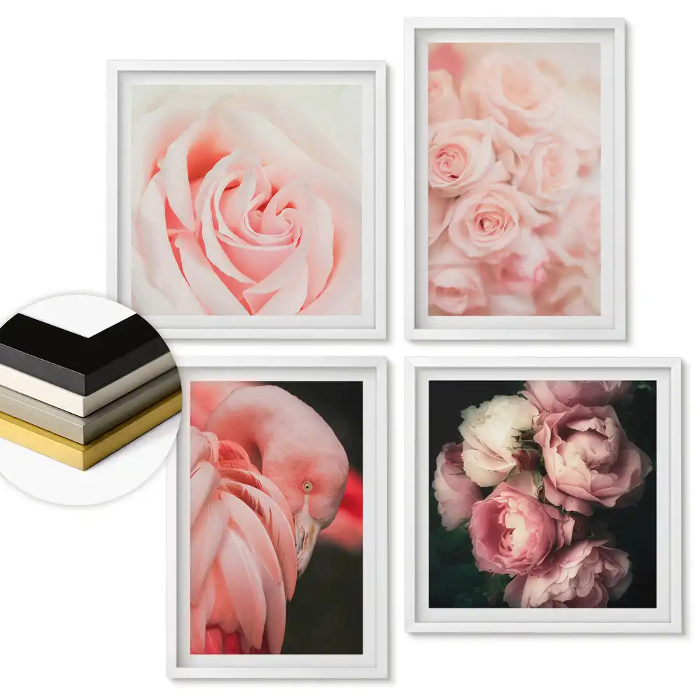 Set de 4 tablouri înrămate cu motive de flori roz și flamingo