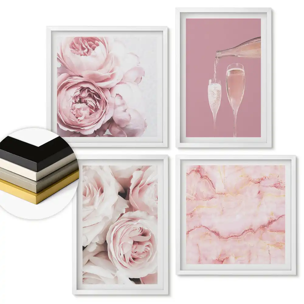 Set de 4 tablouri înrămate cu accente roz în stil elegant