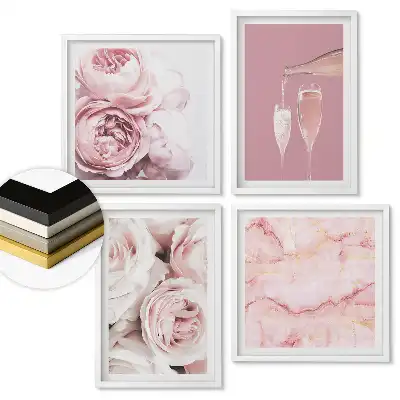 Set de 4 tablouri înrămate cu accente roz în stil elegant