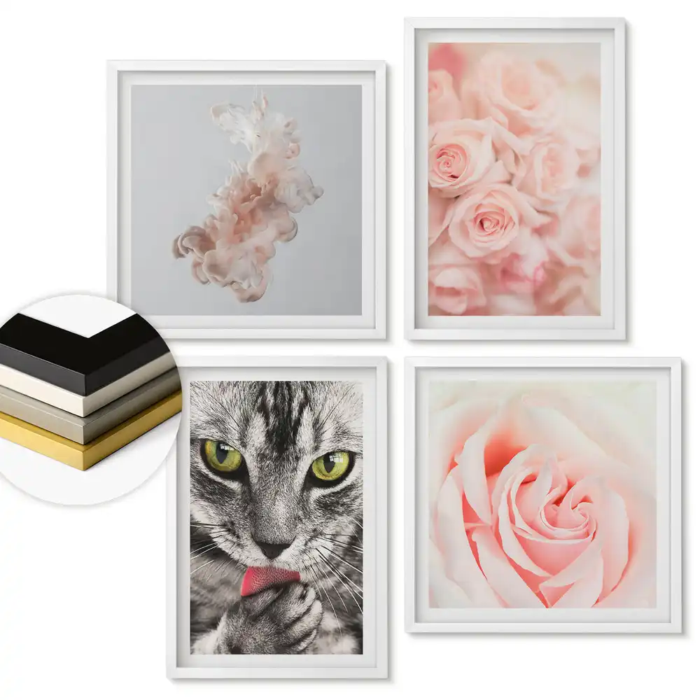 Set de 4 tablouri înrămate cu flori și pisici în nuanțe delicate