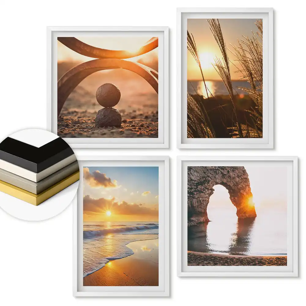 Set de 4 tablouri înrămate cu apusuri de soare peste apă și peisaje naturale