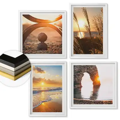 Set de 4 tablouri înrămate cu apusuri de soare peste apă și peisaje naturale