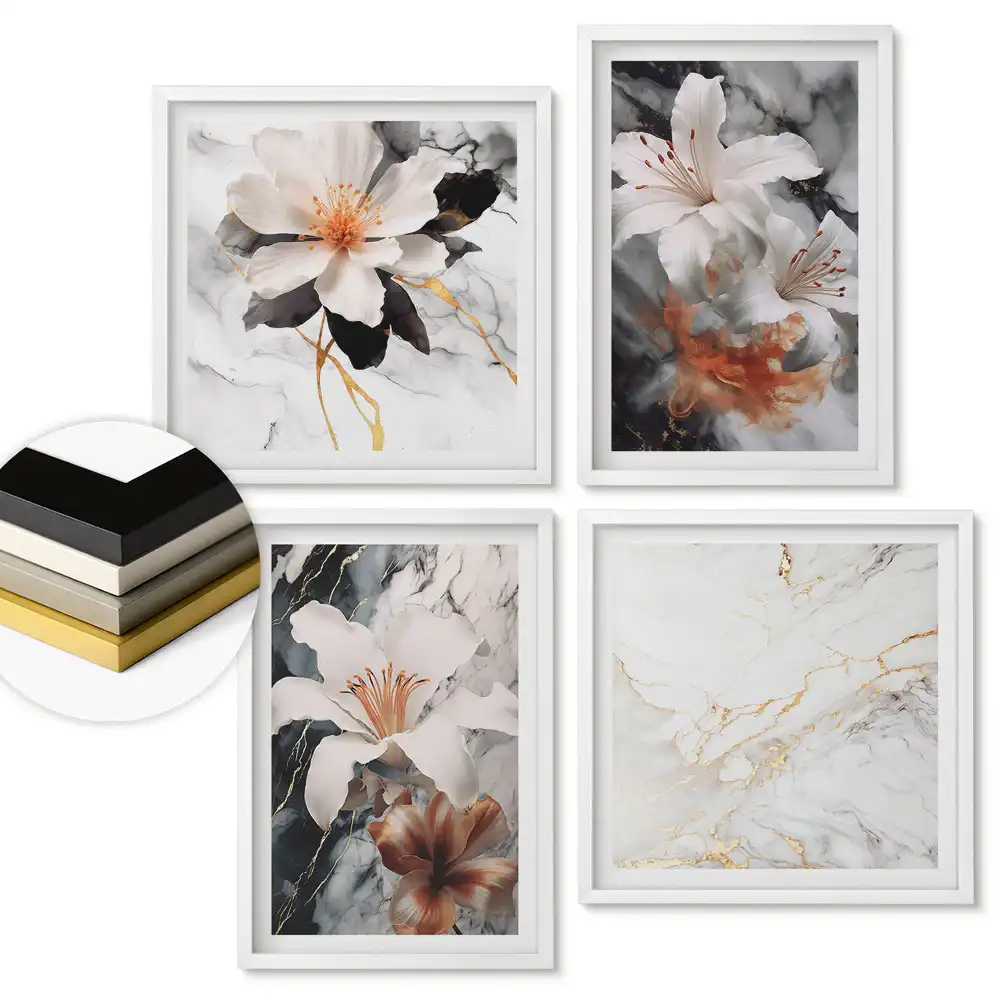 Set 4 tablouri înrămate cu compoziții florale pe fundal de marmură
