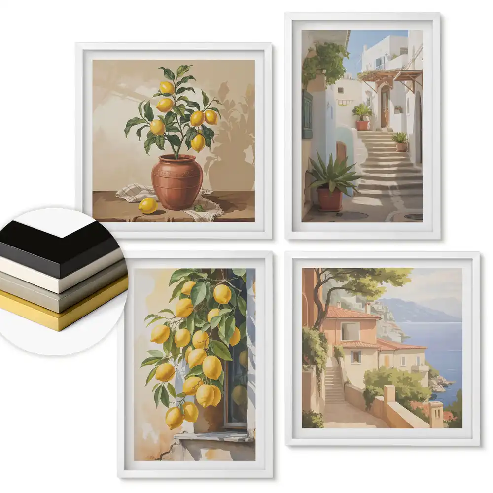 Set de 4 tablouri înrămate Inspirații de lămâie în pictură și arhitectură