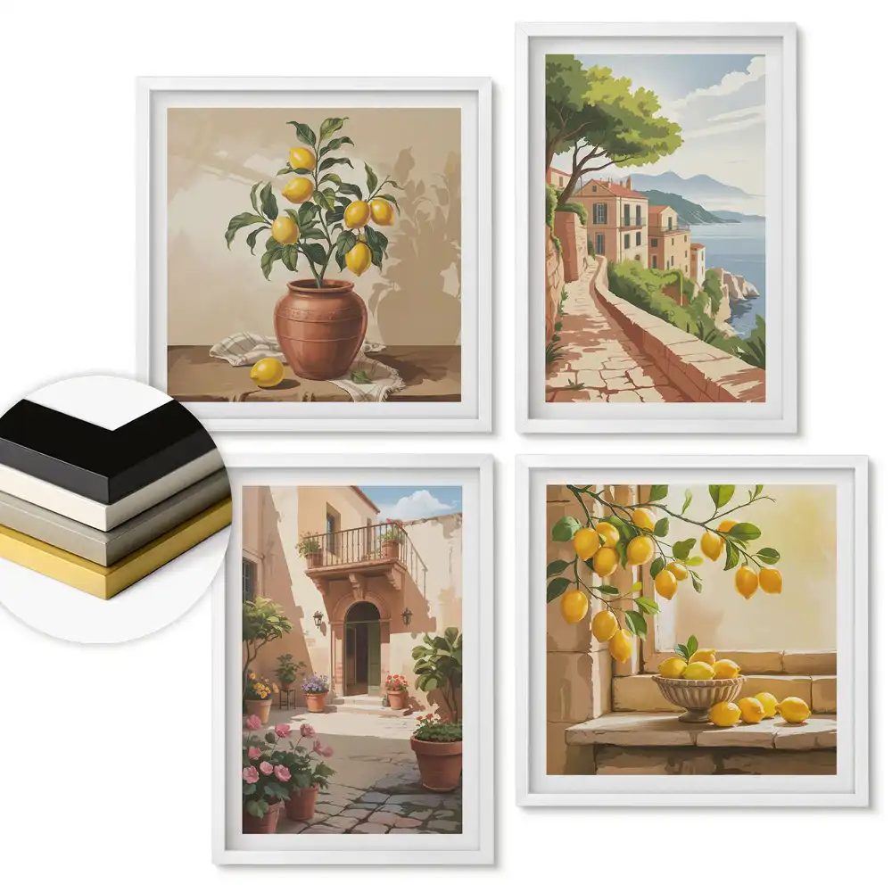 Set de 4 tablouri înrămate cu motive de lămâi în decor pitoresc