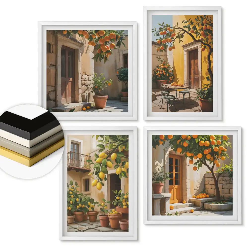 Set de 4 tablouri înrămate Refugiu fructat într-o grădină însorită
