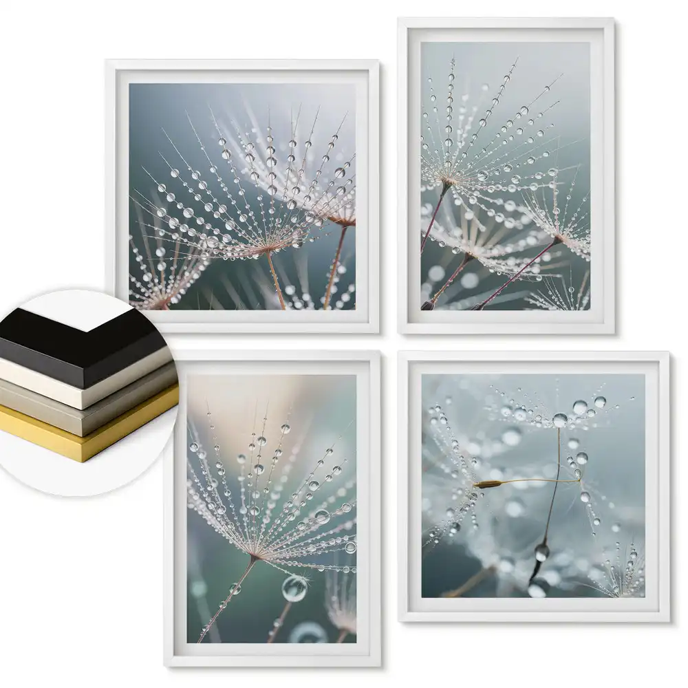 Set 4 tablouri înrămate cu picături de rouă pe lăstari delicați