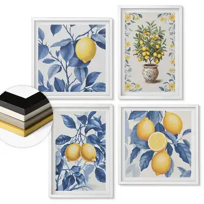 Set 4 tablouri înrămate Lămâi într-o compoziție botanică albastră
