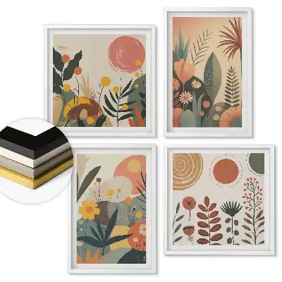 Set de tablouri înrămate cu plante colorate și forme abstracte