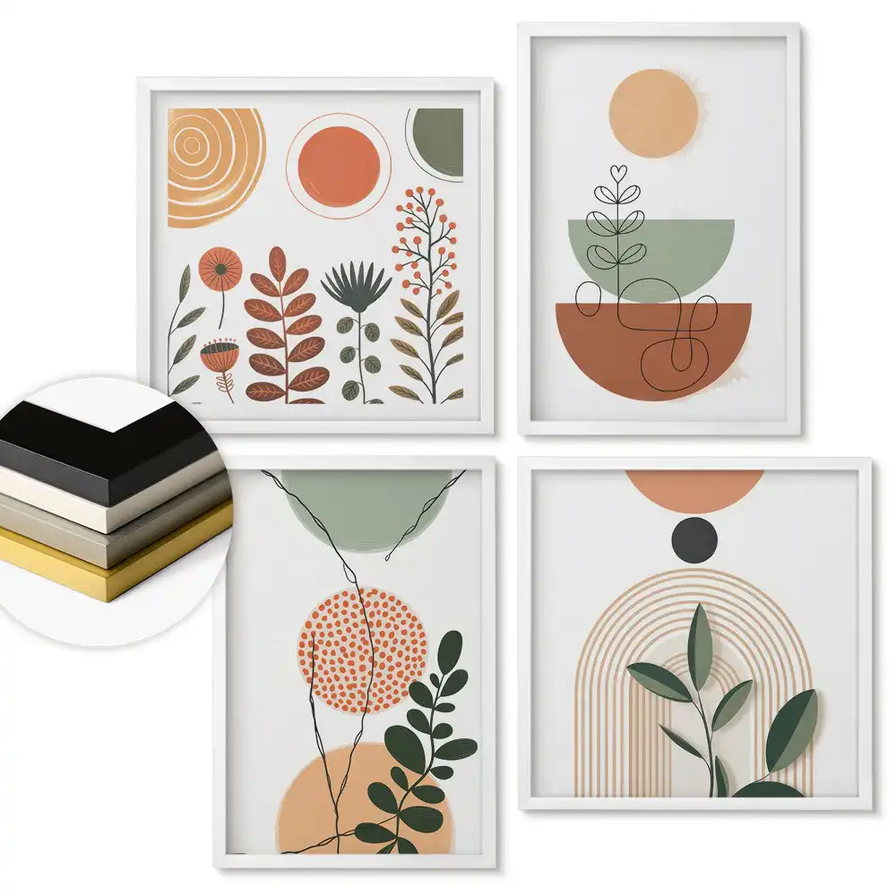 Set de tablouri înrămate cu compoziții abstracte de plante și motive geometrice