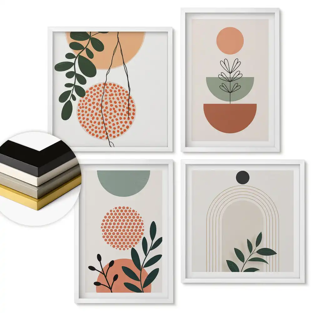 Set de 4 tablouri înrămate cu compoziții vegetale și geometrice moderne