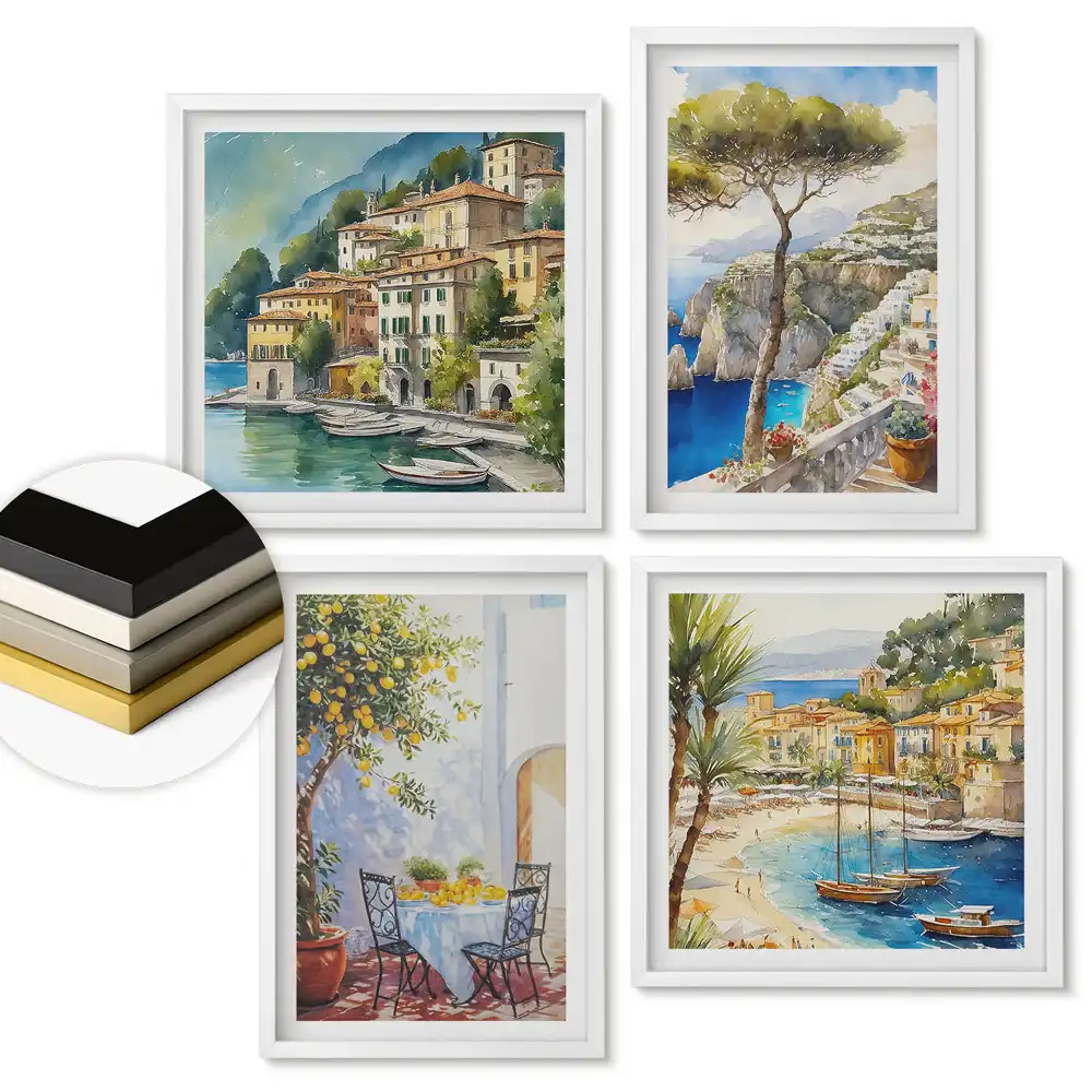Set 4 tablouri înrămate cu peisaje pitorești ale coastei italiene