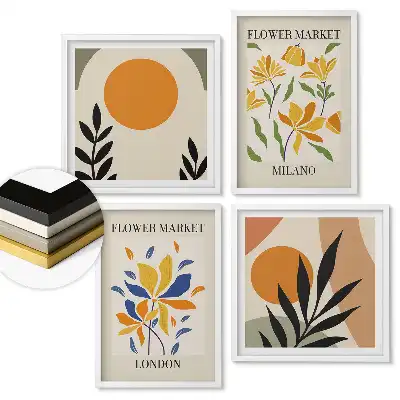 Set de 4 tablouri înrămate cu piețe de flori din diferite orașe