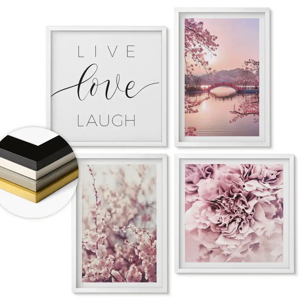 Set de 4 tablouri înrămate cu inspirații florale în nuanțe pastelate