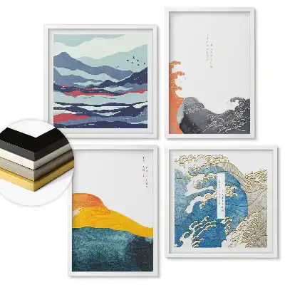 Set 4 tablouri înrămate cu valuri japoneze și peisaje montane