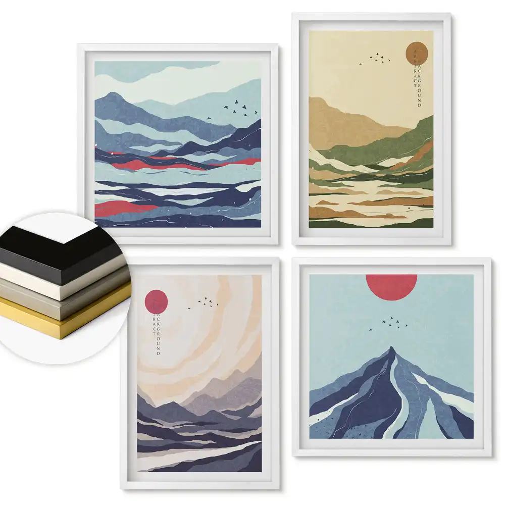 Set de 4 tablouri înrămate cu peisaje montane în culori pastelate