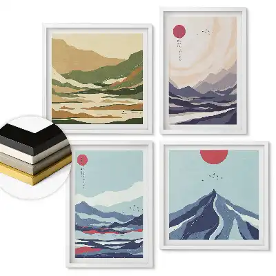Set de 4 tablouri înrămate cu peisaje montane în culori pastelate