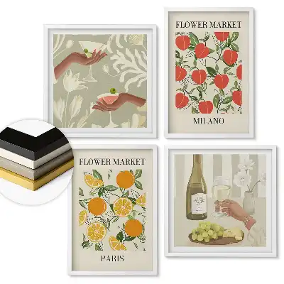 Set 4 tablouri înrămate Piețele de flori din orașele europene