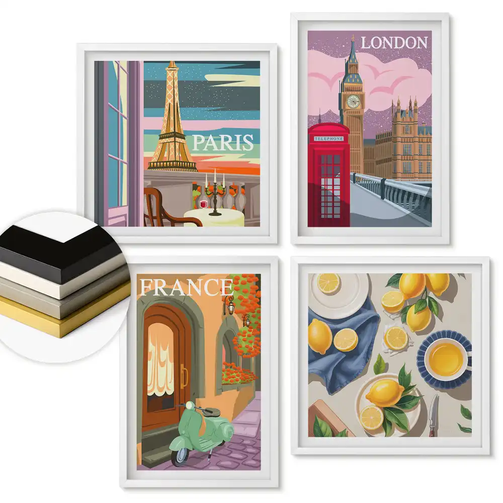Set de 4 tablouri înrămate cu peisaje din Europa: Paris, Londra și Franța