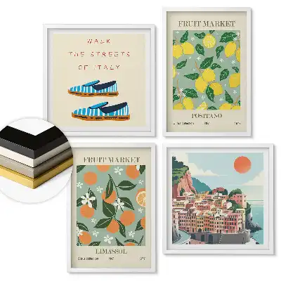 Set de 4 tablouri înrămate Piața de fructe și inspirații italiene