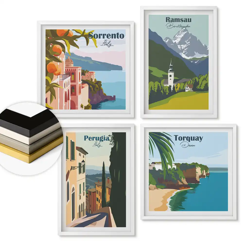 Set de 4 tablouri înrămate cu peisaje pitorești din destinații de vacanță